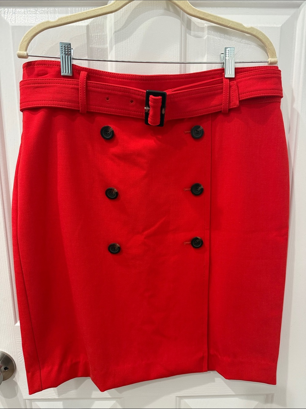 Ann Taylor Red Double-Breasted Belted Pencil Skirt
